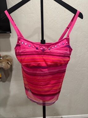 Ruby Rd. Pink Striped Beaded Tankini Top With Mesh Layer
